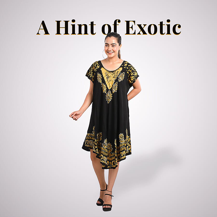 Viscose Crepe Umbrella Dress With Batik Print and Embroidery - Black and Yellow