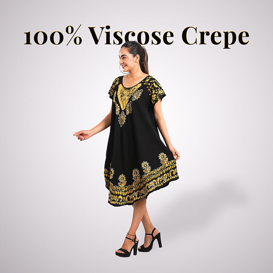 Viscose Crepe Umbrella Dress With Batik Print and Embroidery - Black and Yellow