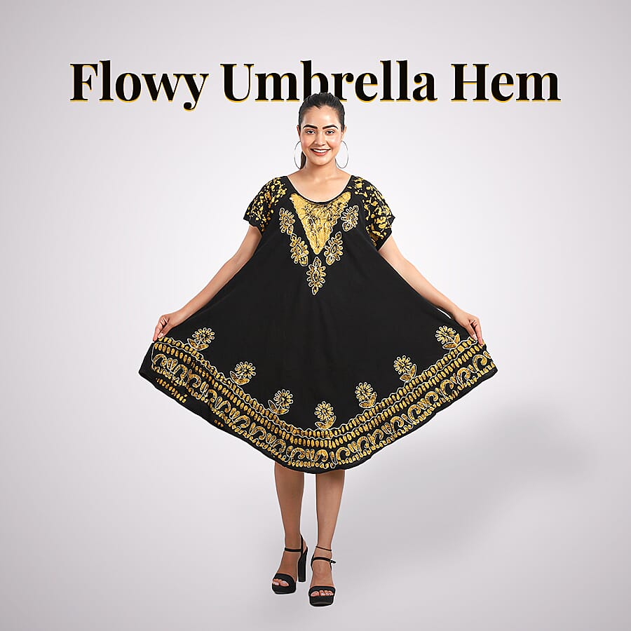 Viscose Crepe Umbrella Dress With Batik Print and Embroidery - Black and Yellow