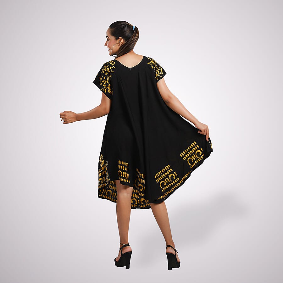 Viscose Crepe Umbrella Dress With Batik Print and Embroidery - Black and Yellow