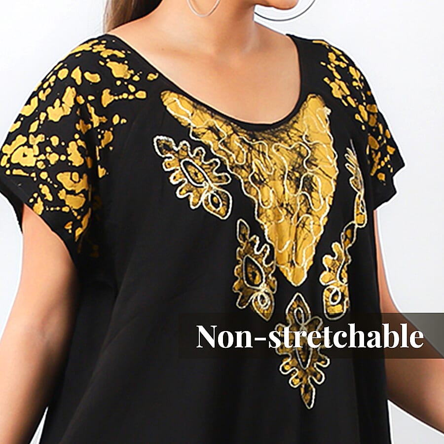 Viscose Crepe Umbrella Dress With Batik Print and Embroidery - Black and Yellow