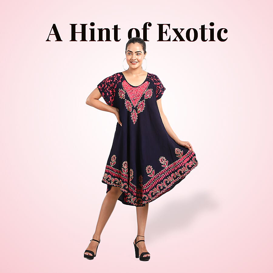 Viscose Crepe Umbrella Dress Embellished with Batik and Embroidery (Size 120x105 Cm) - Navy & Pink