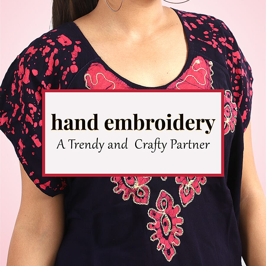 Viscose Crepe Umbrella Dress Embellished with Batik and Embroidery (Size 120x105 Cm) - Navy & Pink
