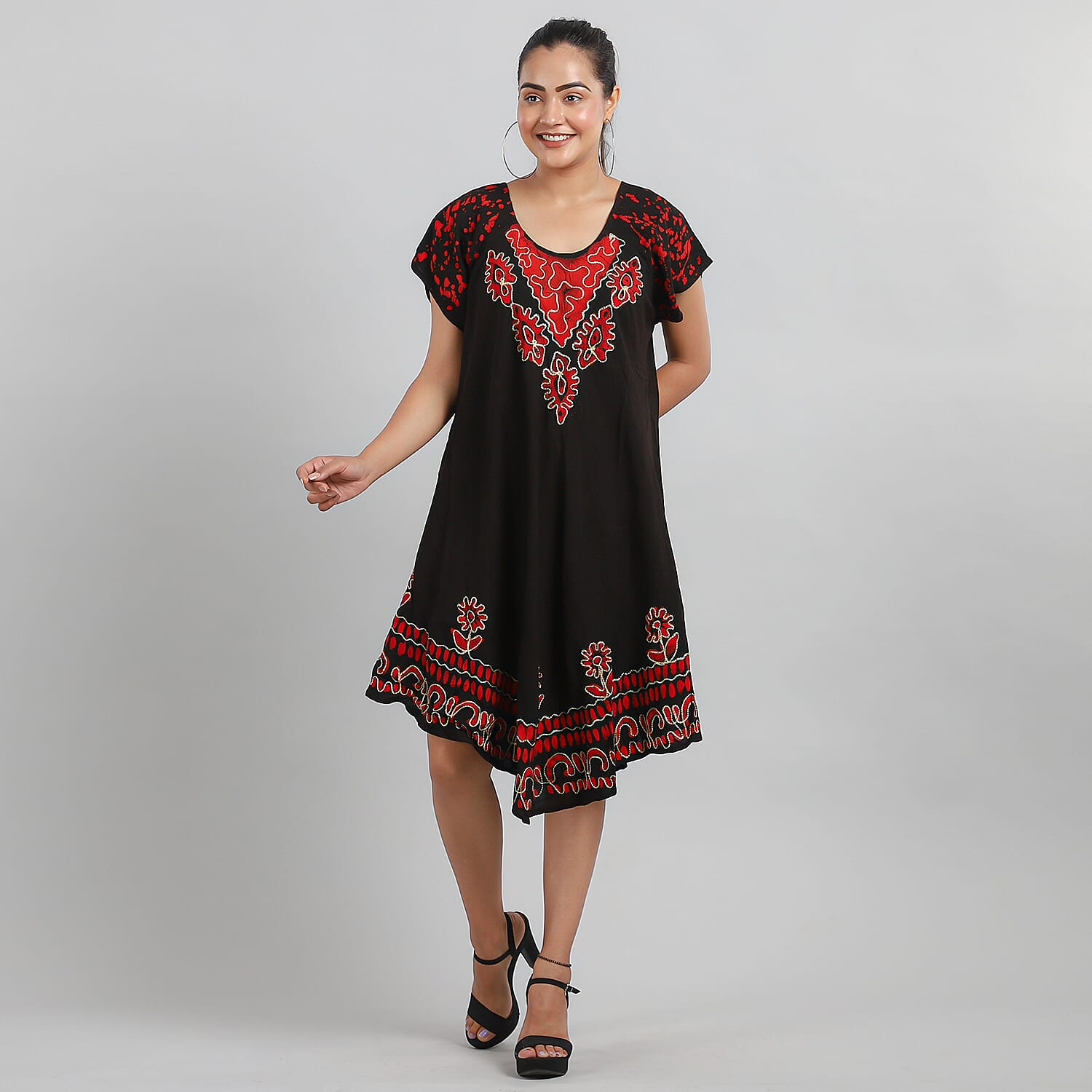 Viscose Crepe Umbrella Dress Embellished with Batik and Embroidery (Size 120x105 Cm) - Black & Coral