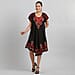 Viscose Crepe Umbrella Dress With Batik Print and Embroidery - Black and Coral