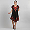 Viscose Crepe Umbrella Dress With Batik Print and Embroidery - Black and Coral