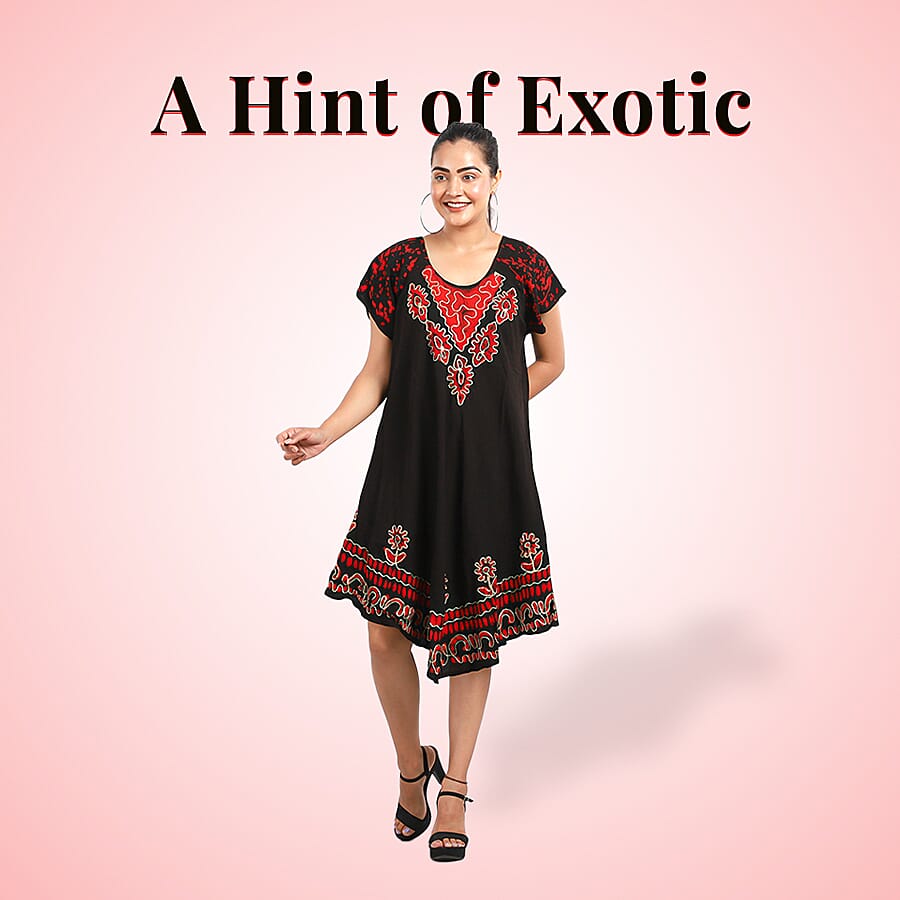 Viscose Crepe Umbrella Dress Embellished with Batik and Embroidery (Size 120x105 Cm) - Black & Coral