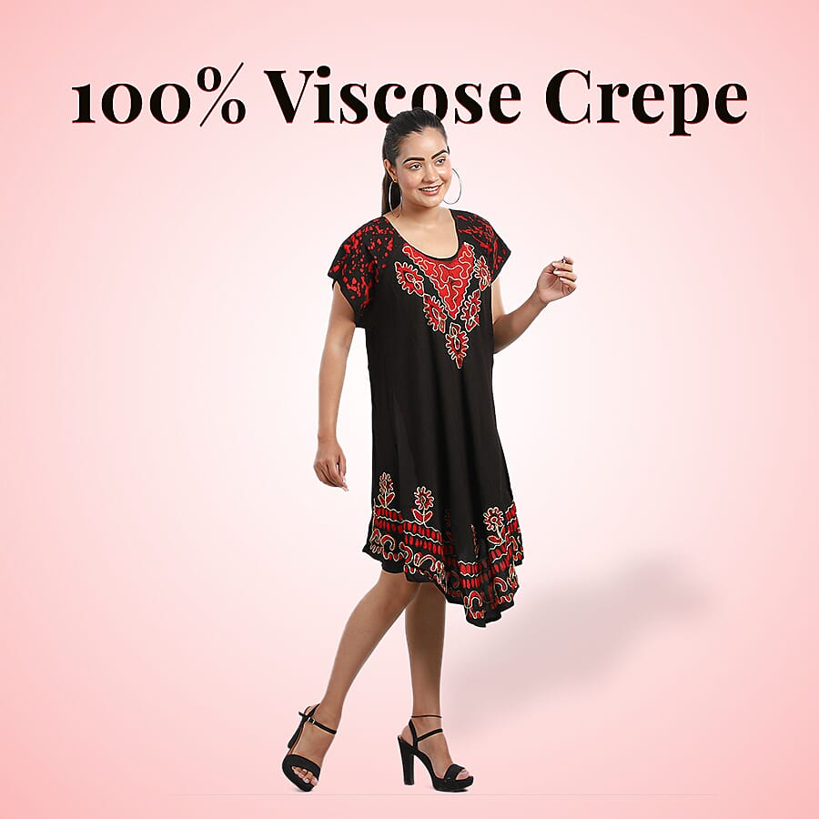 Viscose Crepe Umbrella Dress Embellished with Batik and Embroidery (Size 120x105 Cm) - Black & Coral