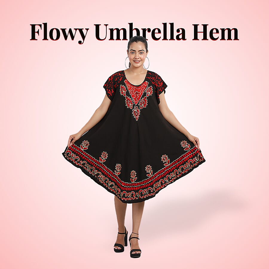 Viscose Crepe Umbrella Dress Embellished with Batik and Embroidery (Size 120x105 Cm) - Black & Coral