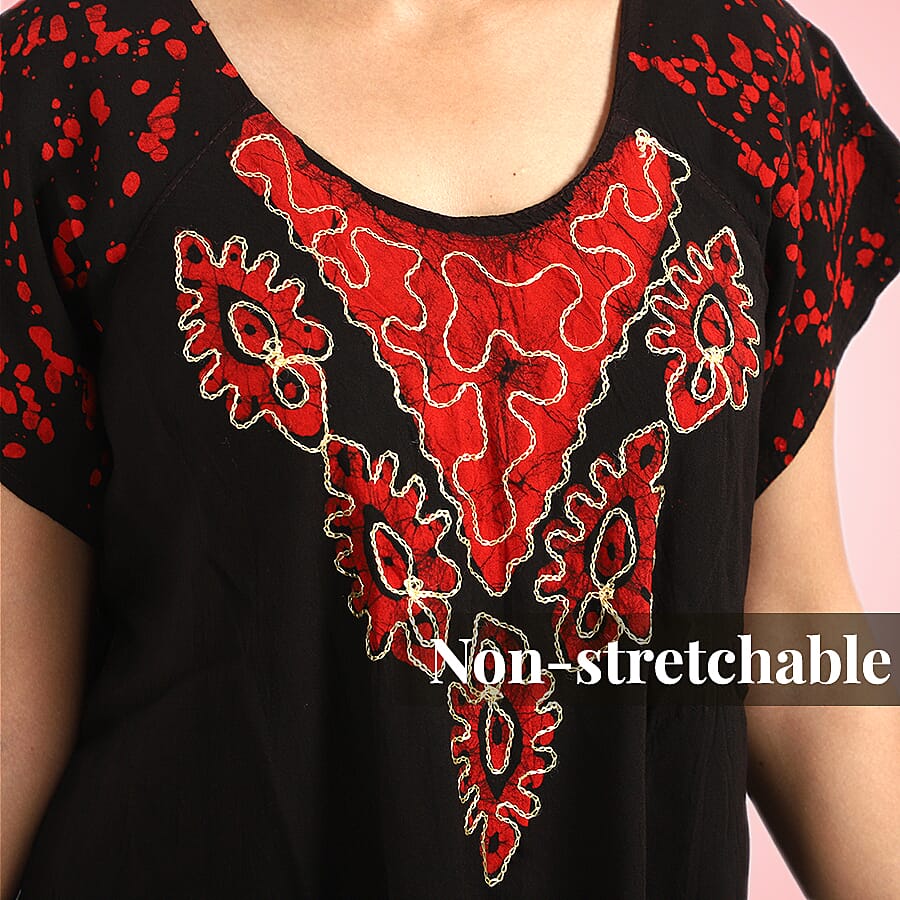 Viscose Crepe Umbrella Dress Embellished with Batik and Embroidery (Size 120x105 Cm) - Black & Coral