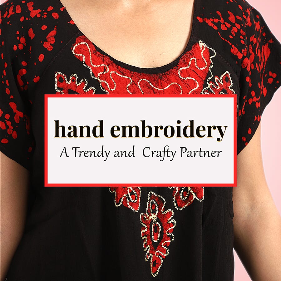 Viscose Crepe Umbrella Dress Embellished with Batik and Embroidery (Size 120x105 Cm) - Black & Coral