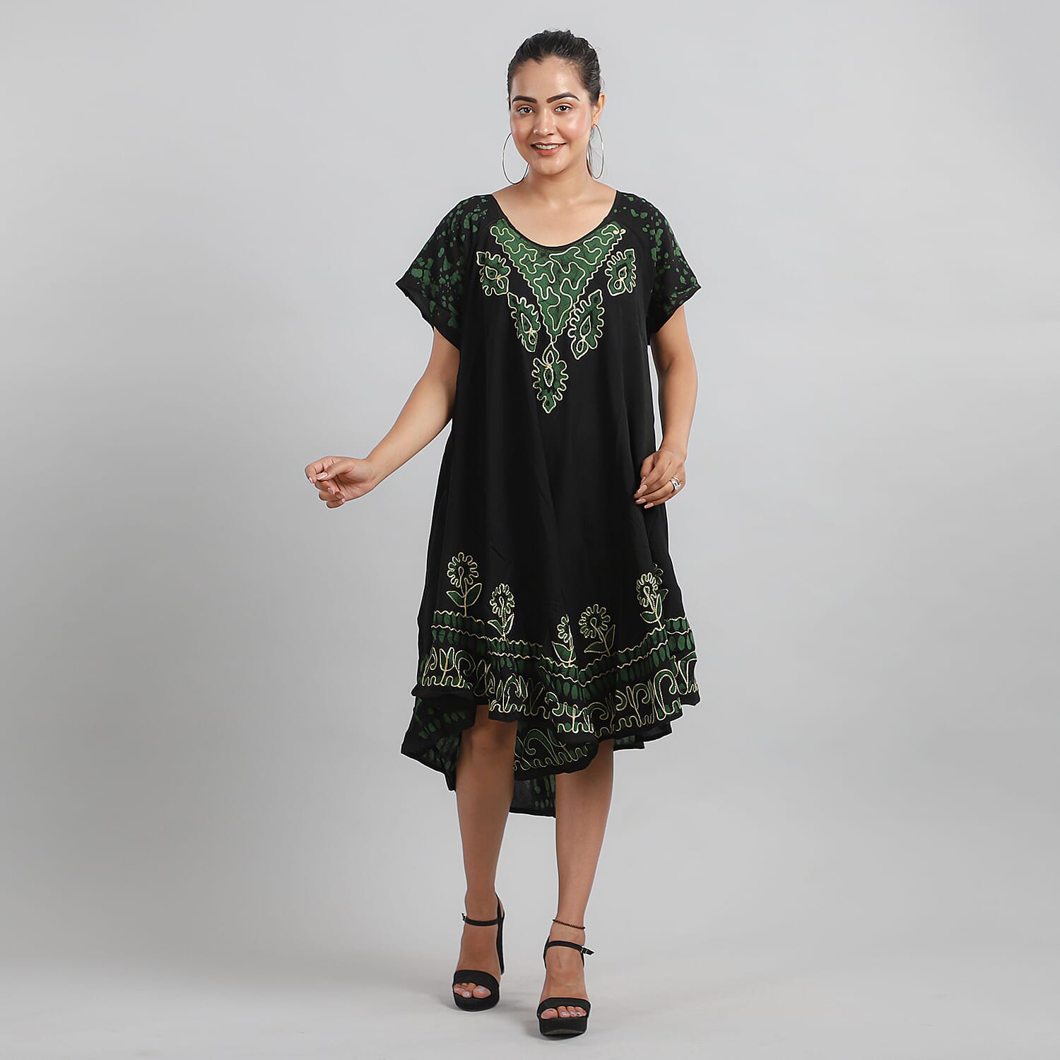 100% Viscose Crepe Umbrella Dress Embellished with Batik and Embroidery (Size 120x105 Cm) - Black & Green