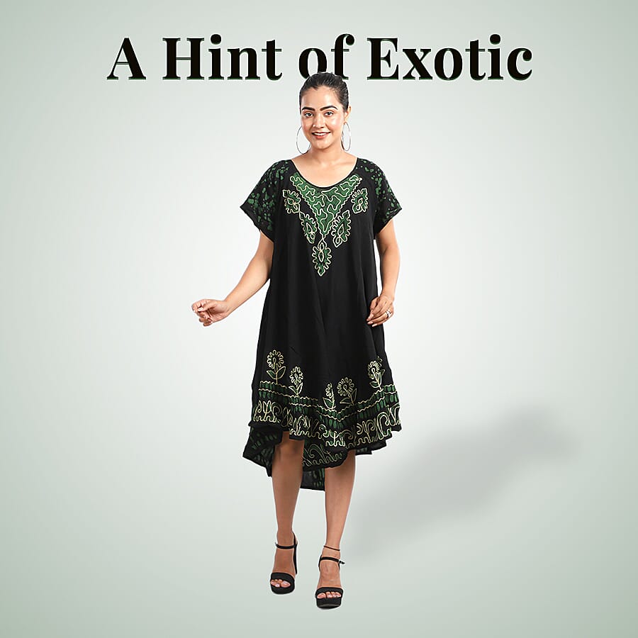 100% Viscose Crepe Umbrella Dress Embellished with Batik and Embroidery (Size 120x105 Cm) - Black & Green