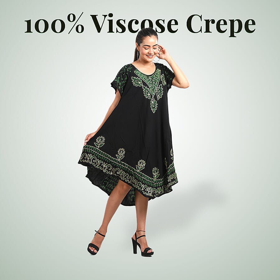 100% Viscose Crepe Umbrella Dress Embellished with Batik and Embroidery (Size 120x105 Cm) - Black & Green