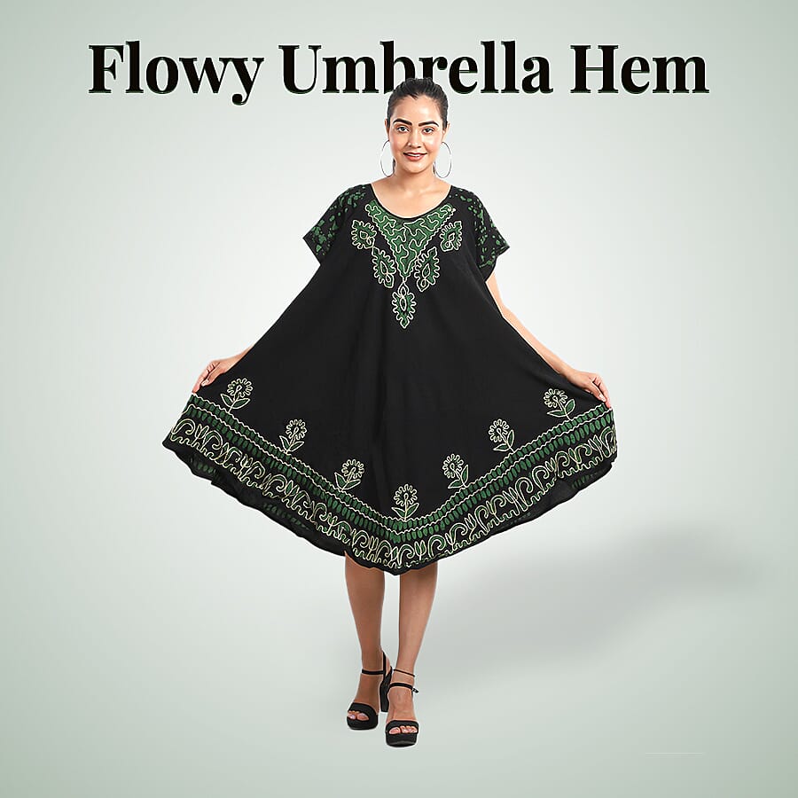 100% Viscose Crepe Umbrella Dress Embellished with Batik and Embroidery (Size 120x105 Cm) - Black & Green