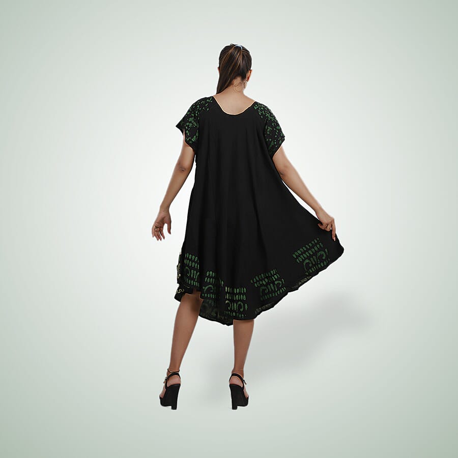 100% Viscose Crepe Umbrella Dress Embellished with Batik and Embroidery (Size 120x105 Cm) - Black & Green
