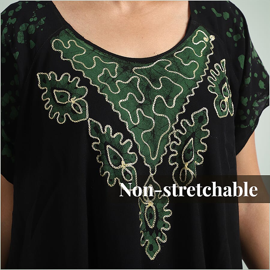 100% Viscose Crepe Umbrella Dress Embellished with Batik and Embroidery (Size 120x105 Cm) - Black & Green