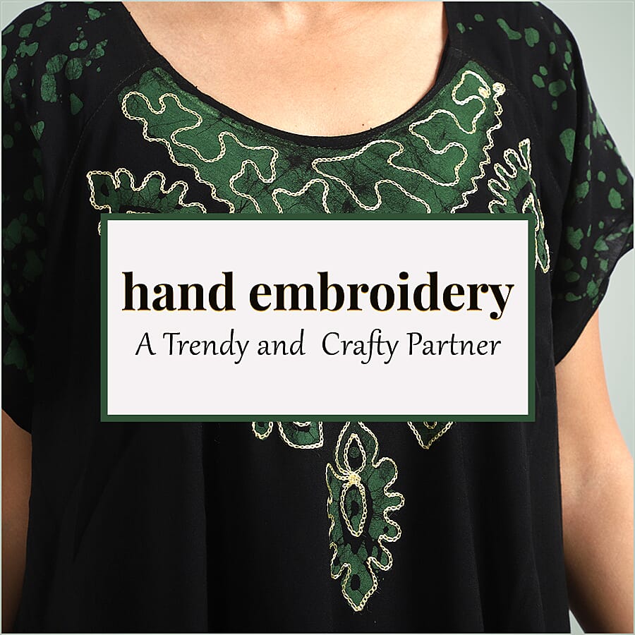 100% Viscose Crepe Umbrella Dress Embellished with Batik and Embroidery (Size 120x105 Cm) - Black & Green