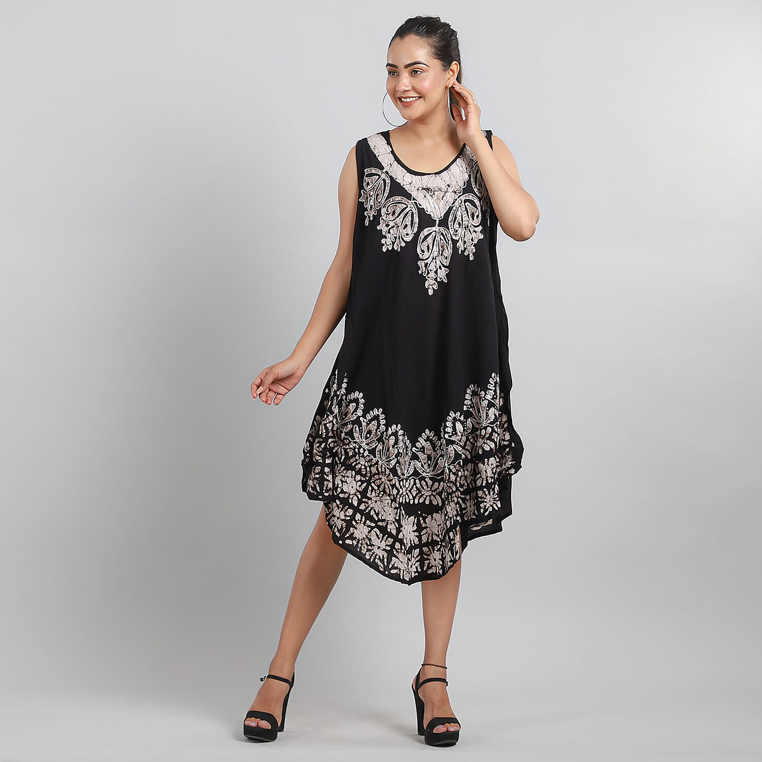 Viscose Crepe Umbrella Dress With Batik Print and Embroidery - Black and Grey