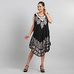 Viscose Crepe Umbrella Dress With Batik Print and Embroidery - Black and Grey
