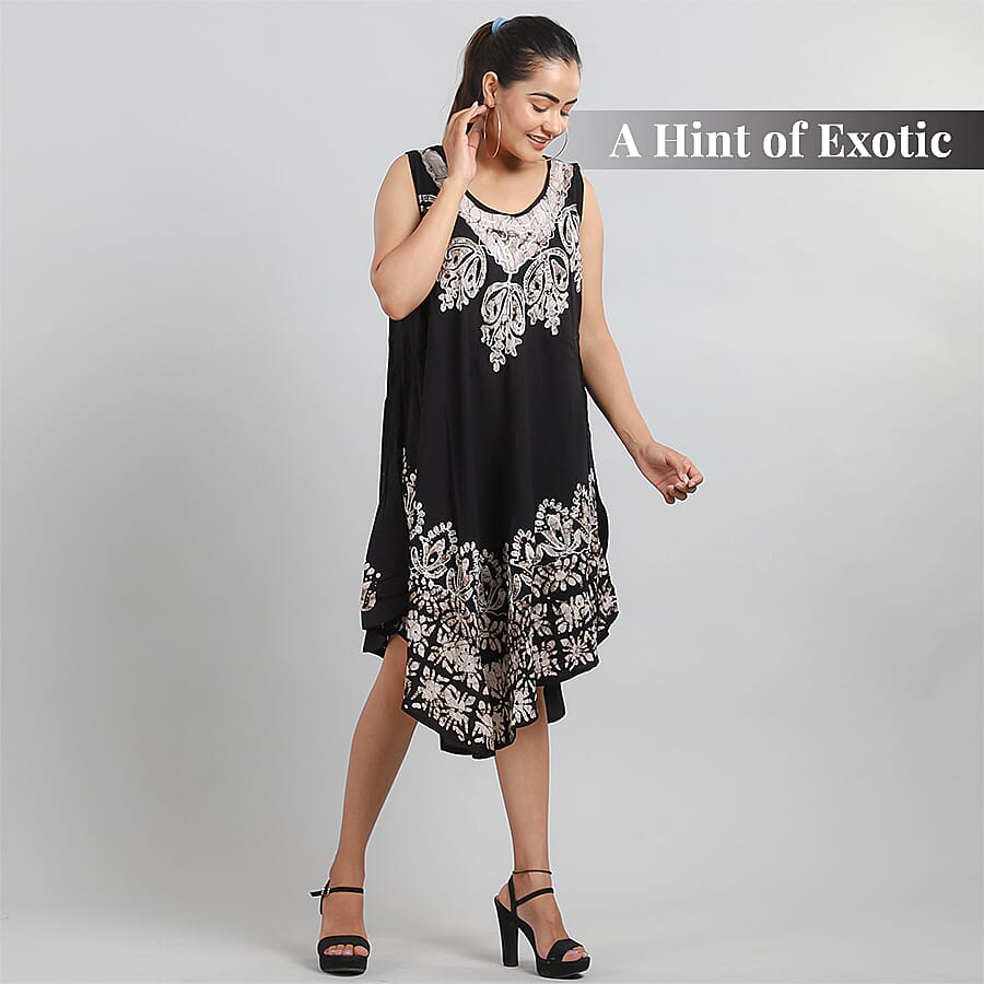 Viscose Crepe Umbrella Dress With Batik Print and Embroidery - Black and Grey