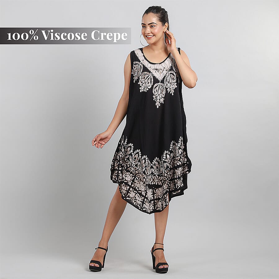 Viscose Crepe Umbrella Dress With Batik Print and Embroidery - Black and Grey