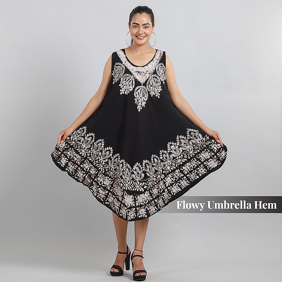 Viscose Crepe Umbrella Dress With Batik Print and Embroidery - Black and Grey