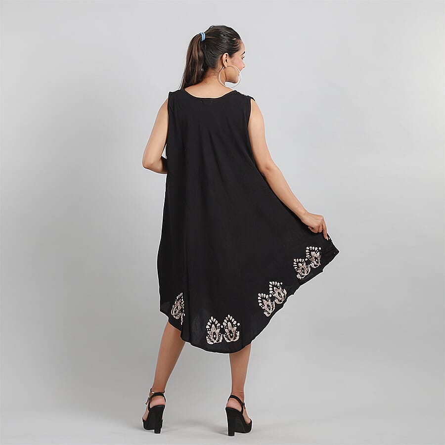 Viscose Crepe Umbrella Dress With Batik Print and Embroidery - Black and Grey