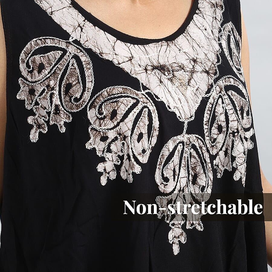 Viscose Crepe Umbrella Dress With Batik Print and Embroidery - Black and Grey