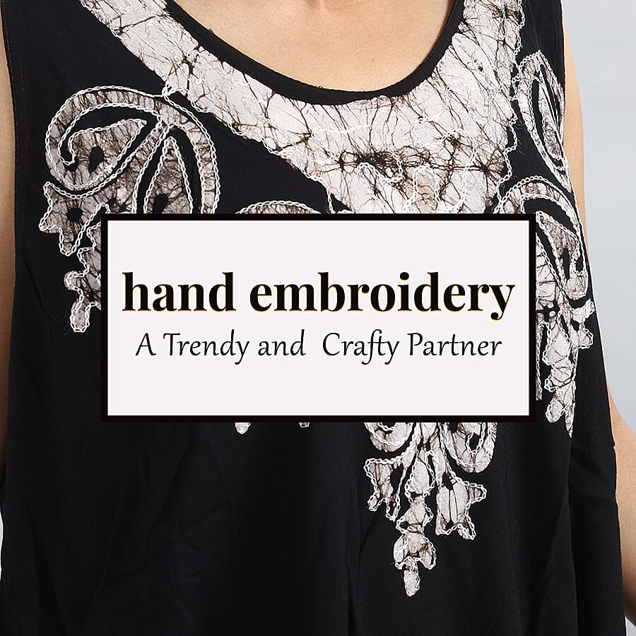 Viscose Crepe Umbrella Dress With Batik Print and Embroidery - Black and Grey