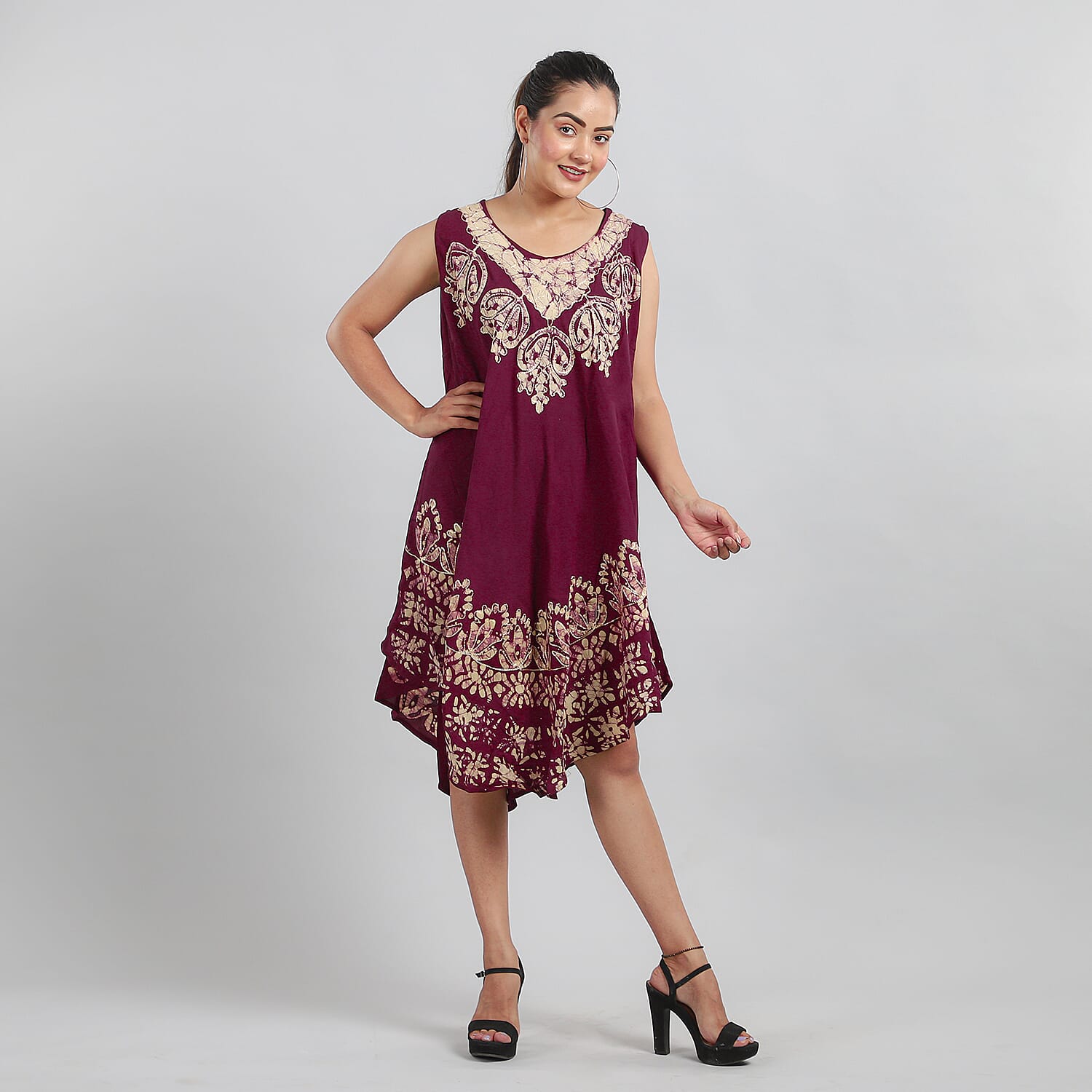 100% Viscose Crepe Umbrella Dress Embellished with Batik and Embroidery (Size 120x105 Cm) - Burgundy & Beige