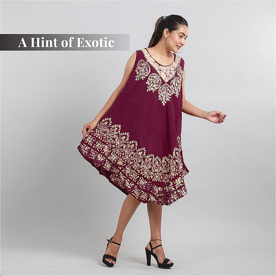 100% Viscose Crepe Umbrella Dress Embellished with Batik and Embroidery (Size 120x105 Cm) - Burgundy & Beige