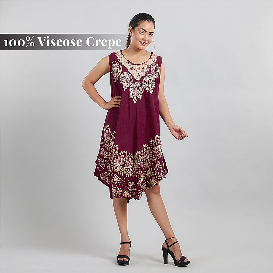 100% Viscose Crepe Umbrella Dress Embellished with Batik and Embroidery (Size 120x105 Cm) - Burgundy & Beige