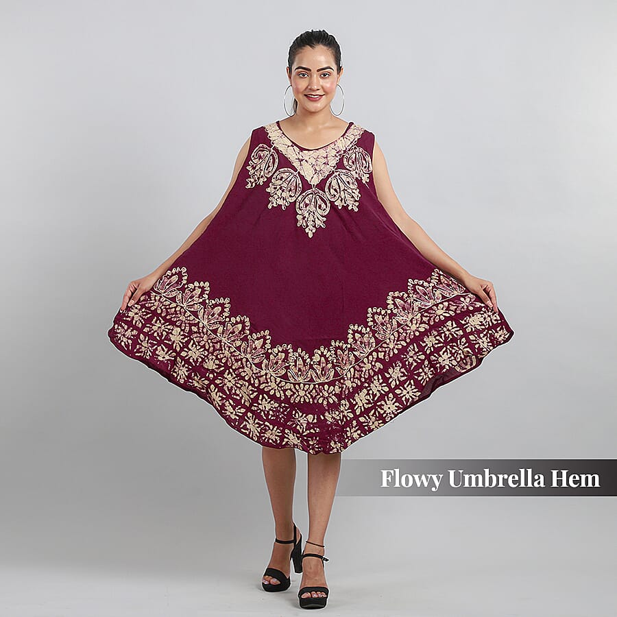 100% Viscose Crepe Umbrella Dress Embellished with Batik and Embroidery (Size 120x105 Cm) - Burgundy & Beige