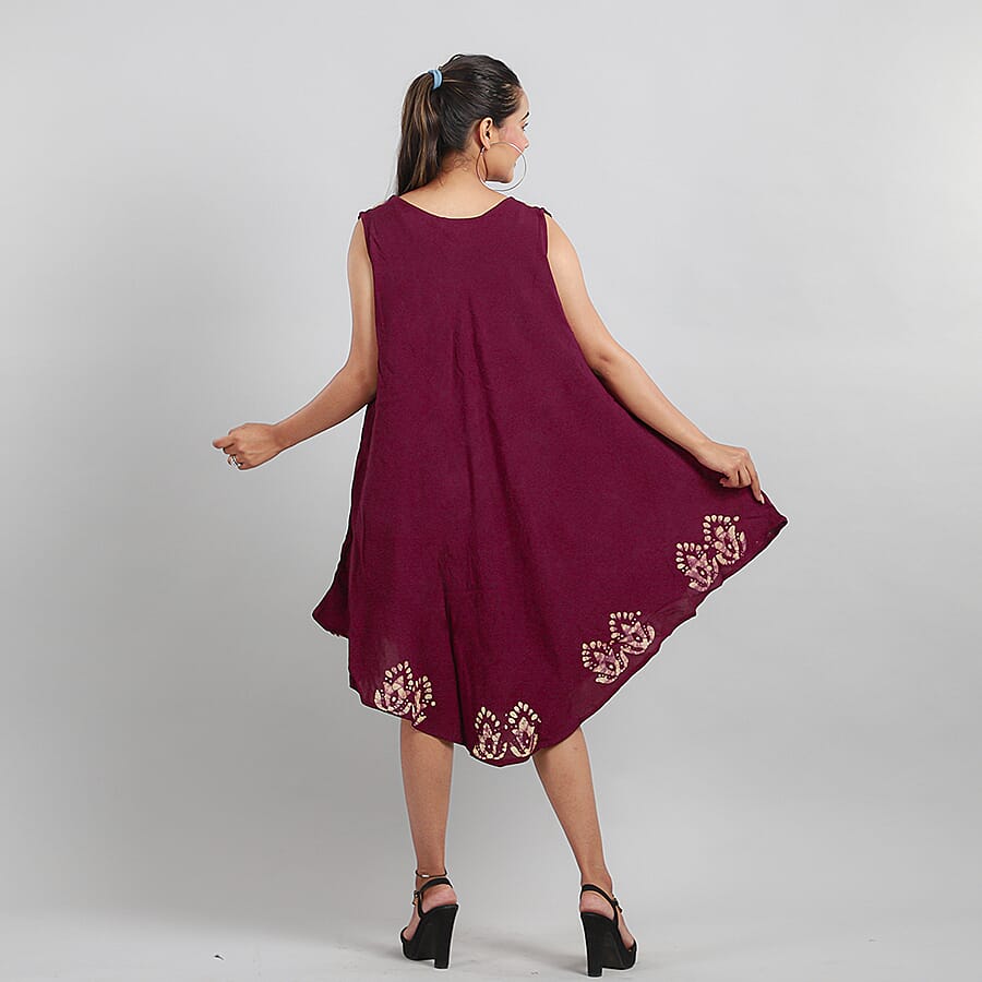 100% Viscose Crepe Umbrella Dress Embellished with Batik and Embroidery (Size 120x105 Cm) - Burgundy & Beige