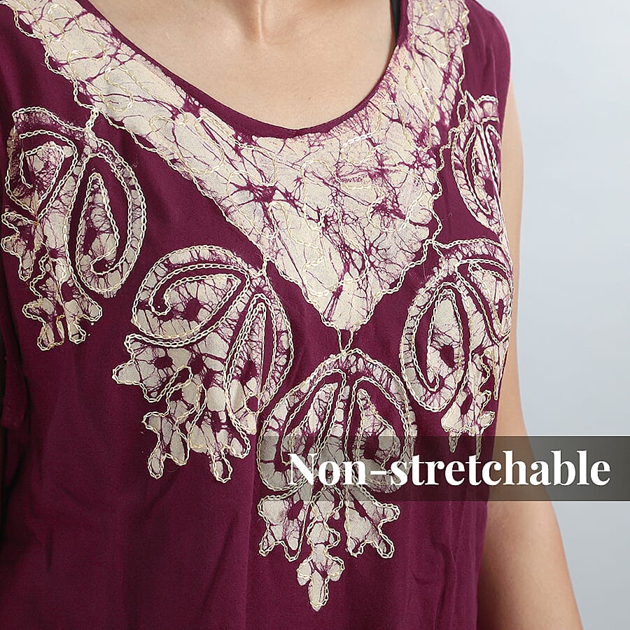 100% Viscose Crepe Umbrella Dress Embellished with Batik and Embroidery (Size 120x105 Cm) - Burgundy & Beige