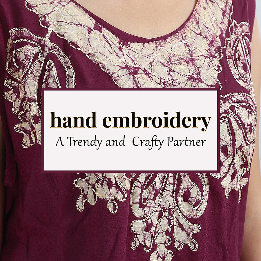 100% Viscose Crepe Umbrella Dress Embellished with Batik and Embroidery (Size 120x105 Cm) - Burgundy & Beige