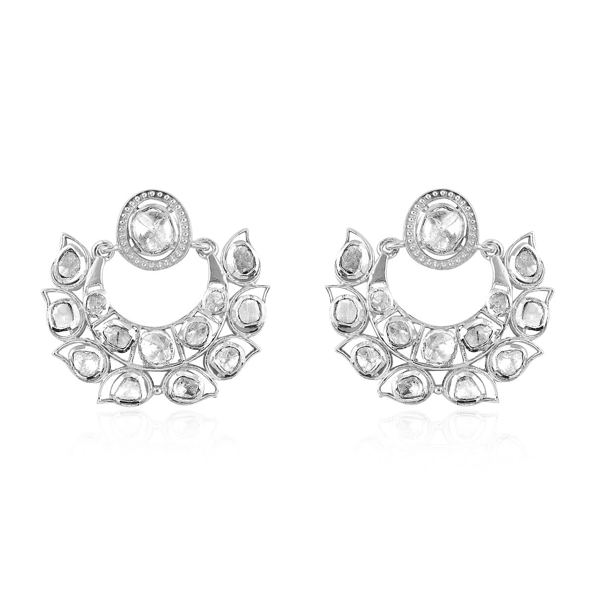 GP Celestial Dream Collection - Polki Diamond Earrings (with Push Back) in Sterling Silver 1.61 Ct, Silver wt. 7.50 Gms