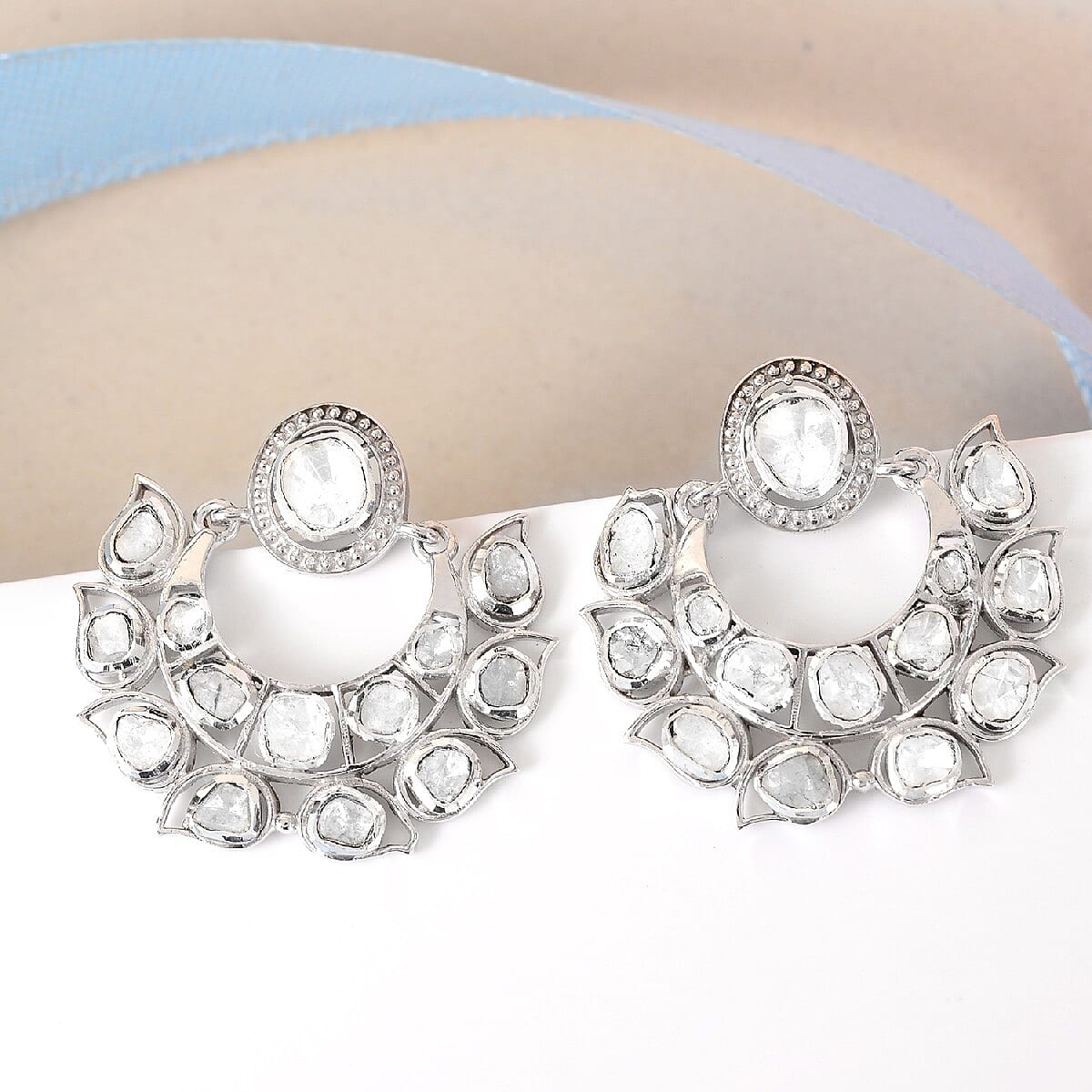 GP Celestial Dream Collection - Polki Diamond Earrings (with Push Back) in Sterling Silver 1.61 Ct, Silver wt. 7.50 Gms