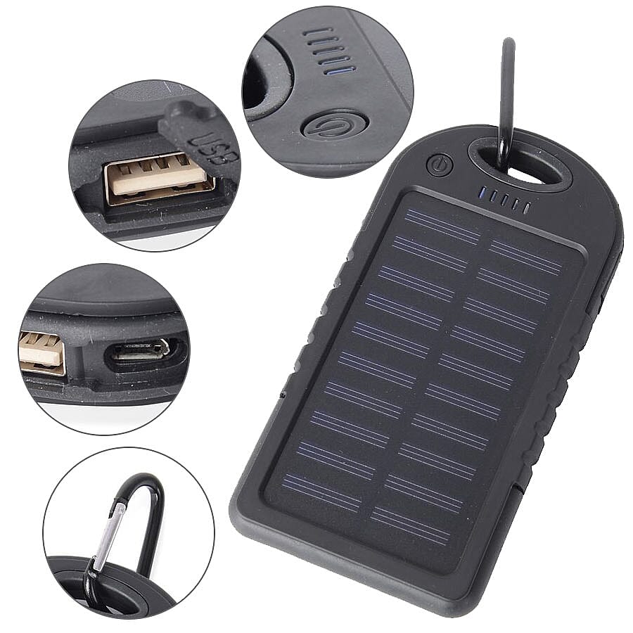 5000 mah Power Bank in Solar Panel and Mountaineering Buckle with USB Cable (Size:15x7.5Cm) - Black