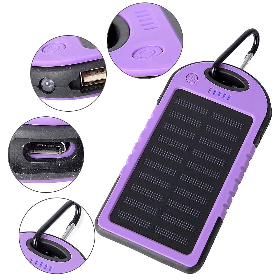 5000 mah Power Bank in Solar Panel and Mountaineering Buckle with USB Cable (Size:15x7.5Cm) - Purple and Black