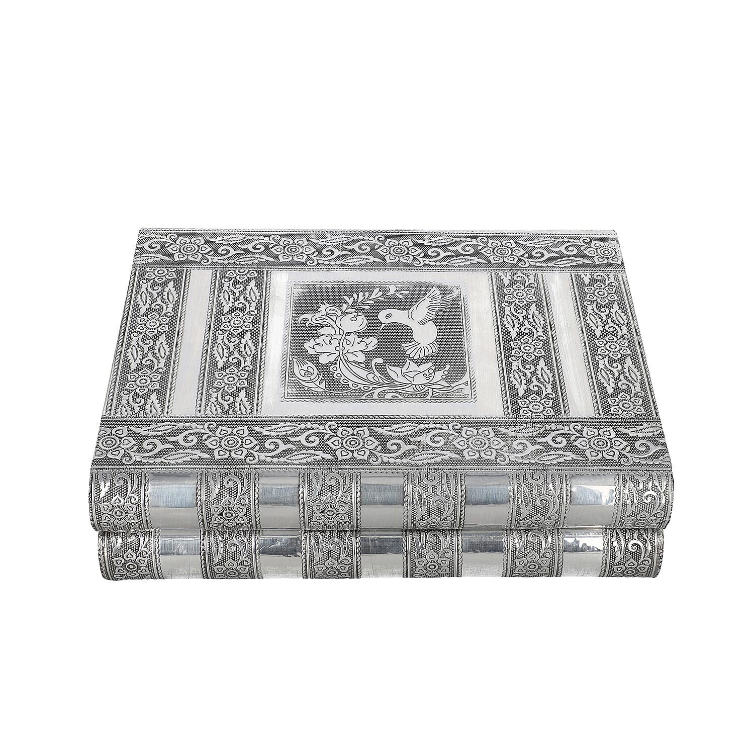 Hummingbird Embossed Handcrafted Jewellery Organizer with 4 Extendable Trays, Inside Mirror and Blue Velvet Lining  (Size 28x21.6x7.6 Cm)