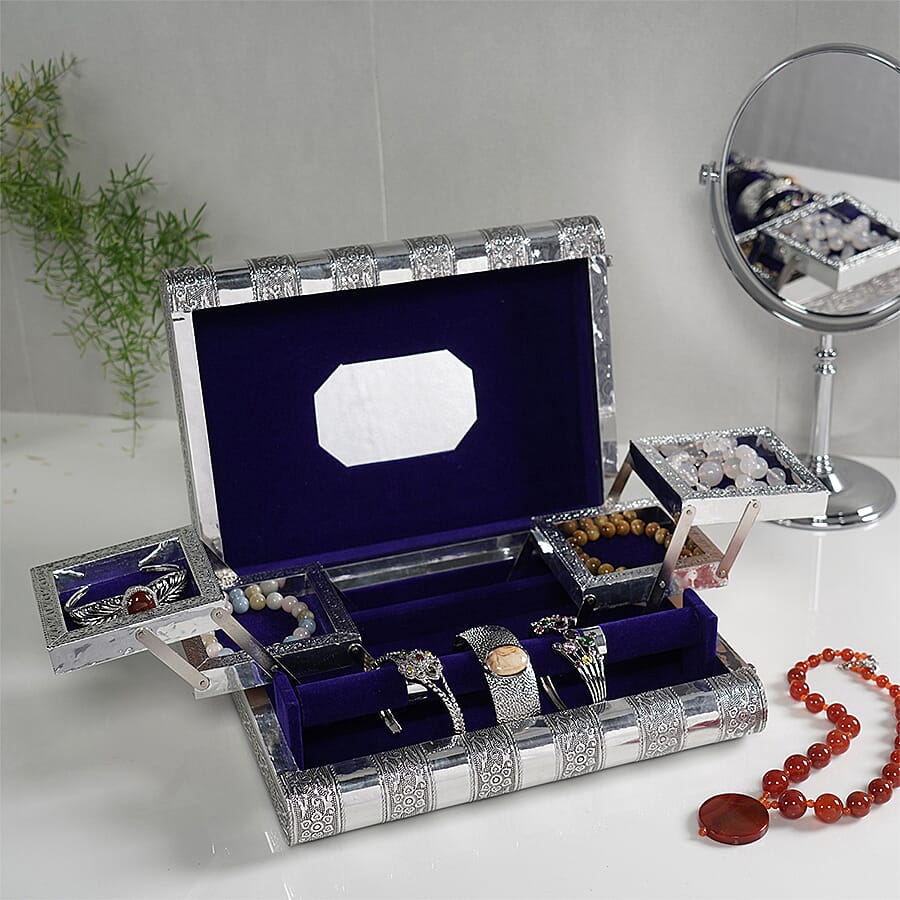 Hummingbird Embossed Handcrafted Jewellery Organizer with 4 Extendable Trays, Inside Mirror and Blue Velvet Lining  (Size 28x21.6x7.6 Cm)