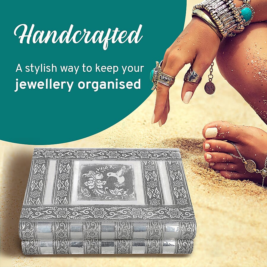 Hummingbird Embossed Handcrafted Jewellery Organizer with 4 Extendable Trays, Inside Mirror and Blue Velvet Lining  (Size 28x21.6x7.6 Cm)