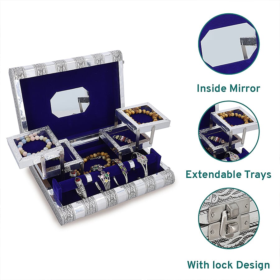 Hummingbird Embossed Handcrafted Jewellery Organizer with 4 Extendable Trays, Inside Mirror and Blue Velvet Lining  (Size 28x21.6x7.6 Cm)