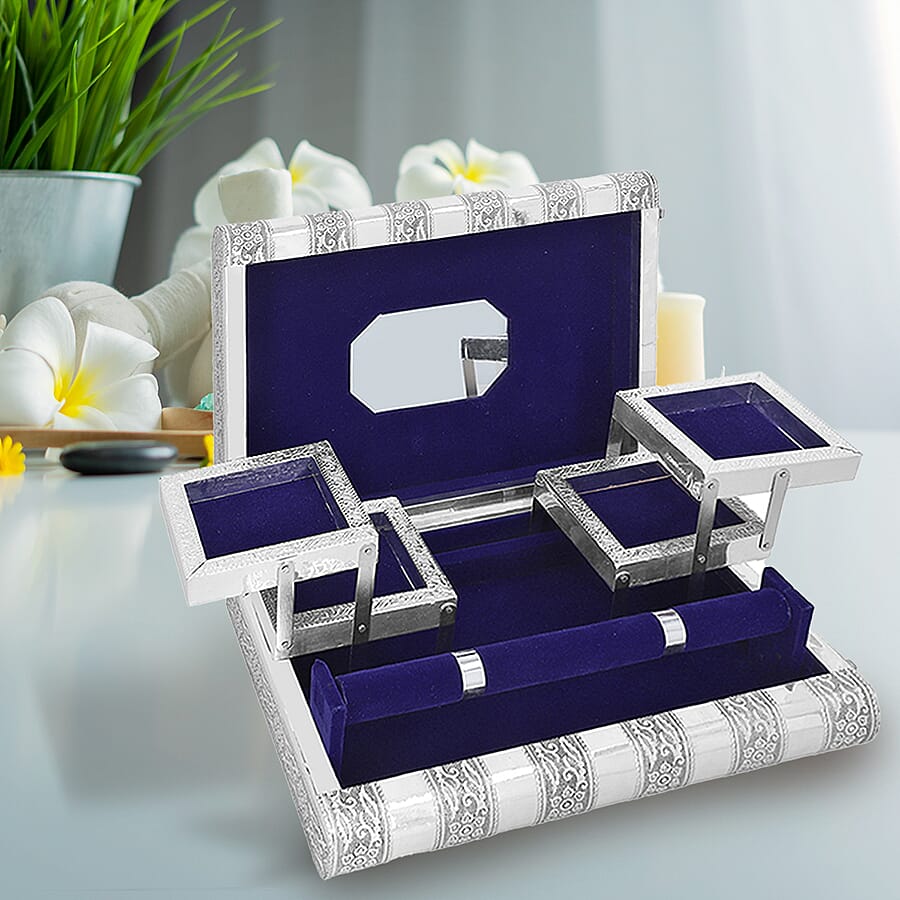 Hummingbird Embossed Handcrafted Jewellery Organizer with 4 Extendable Trays, Inside Mirror and Blue Velvet Lining  (Size 28x21.6x7.6 Cm)