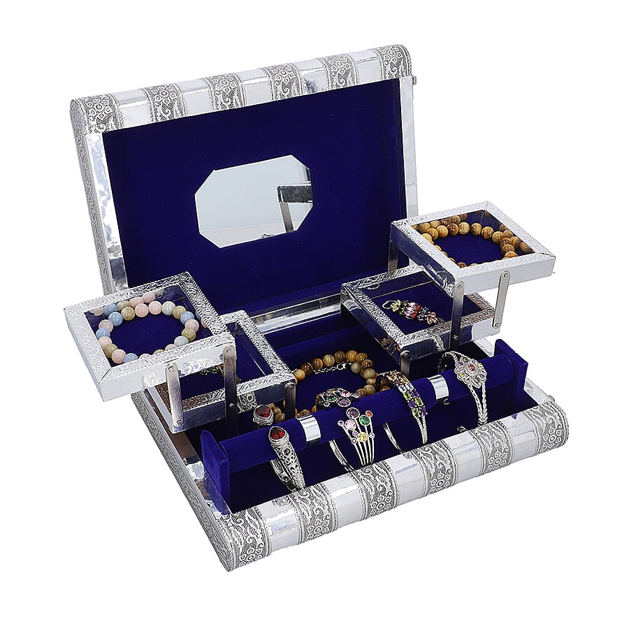 Hummingbird Embossed Handcrafted Jewellery Organizer with 4 Extendable Trays, Inside Mirror and Blue Velvet Lining  (Size 28x21.6x7.6 Cm)