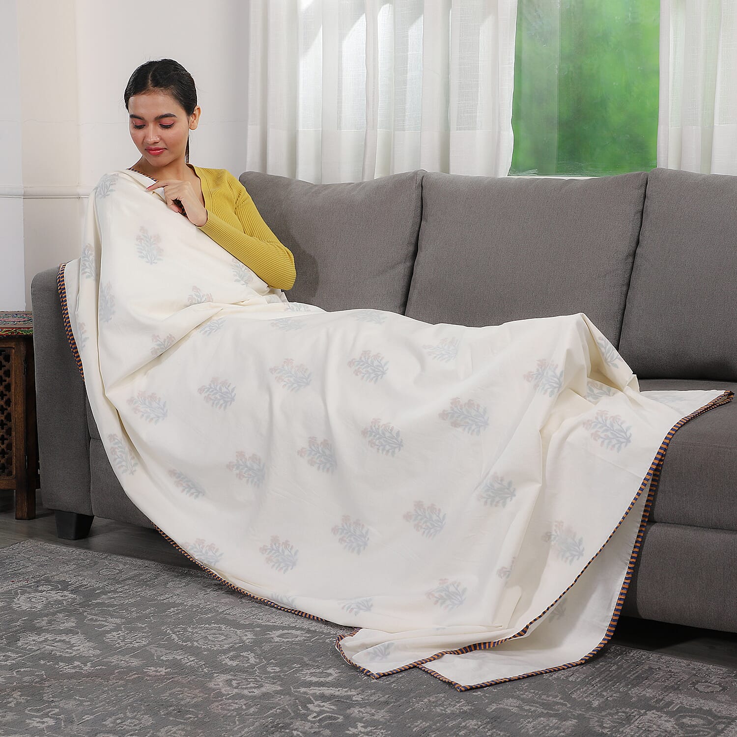 Super Find - 100% Cotton Reversible Hand Block Floral Motifs Printed Muslin Dohar Summer Blanket (Size 200x200cm) - Off White & Brown