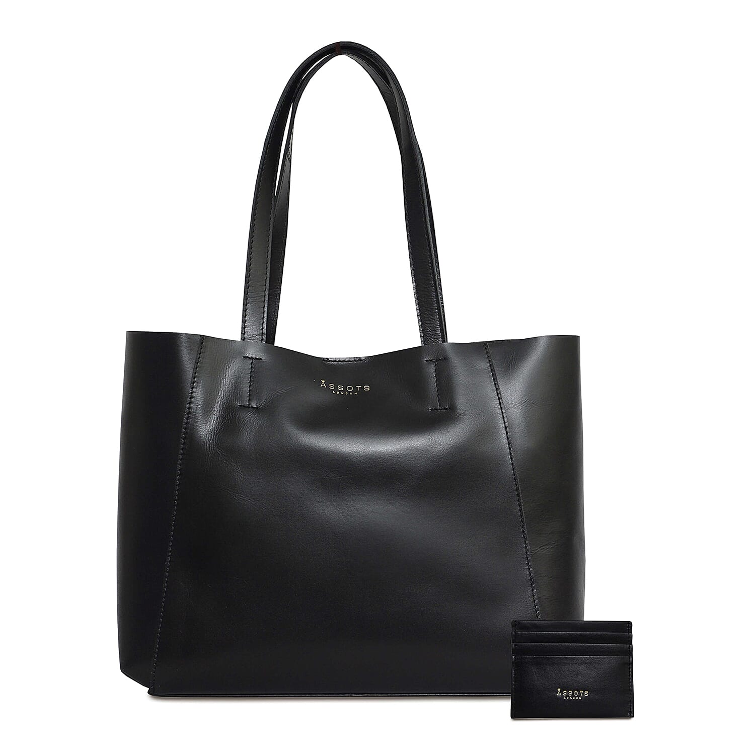 ASSOTS LONDON 2 Piece Set - ADELA Genuine Smooth Leather Tote Bag (31x9.5x26.5cm) & Matching RFID FANN Cardholder (10x8cm) - Black