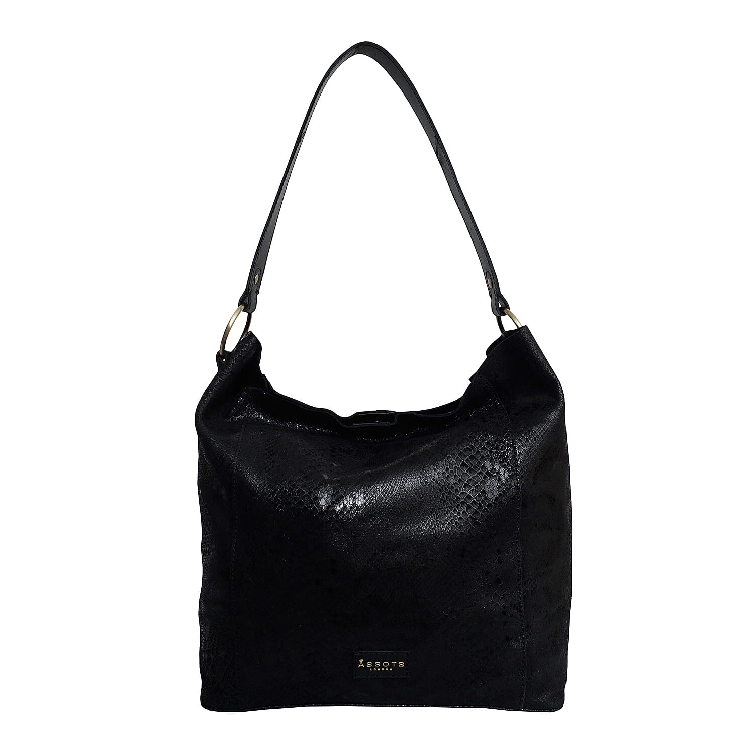 Assots London ESME Genuine Suede Leather Python Print Hobo Bag - Black
